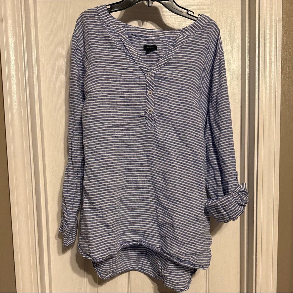 Talbots Blue and White Striped Top with scoop bottom.